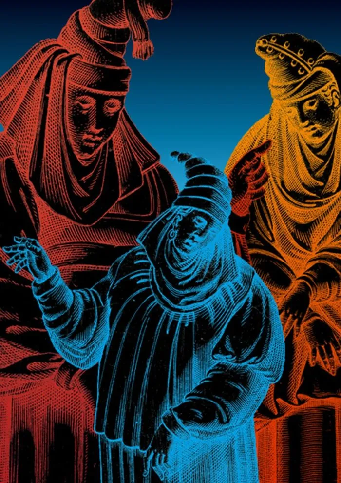 Colorful illustration depicting three figures in historical robes against a blue sky: a woman in red on the left, a woman in yellow on the right, and a blue-clad figure in the center with an expressive gesture, evoking the theme of witches.