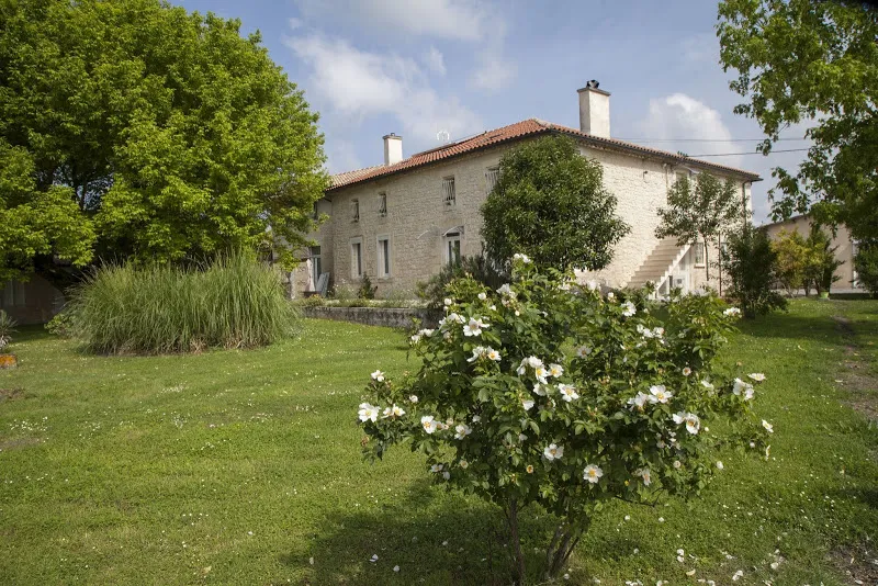 Pierre de Montignac Castle, a white stone house with tiled roof surrounded by a lush green garden with white flowers in the foreground, near Bordeaux.