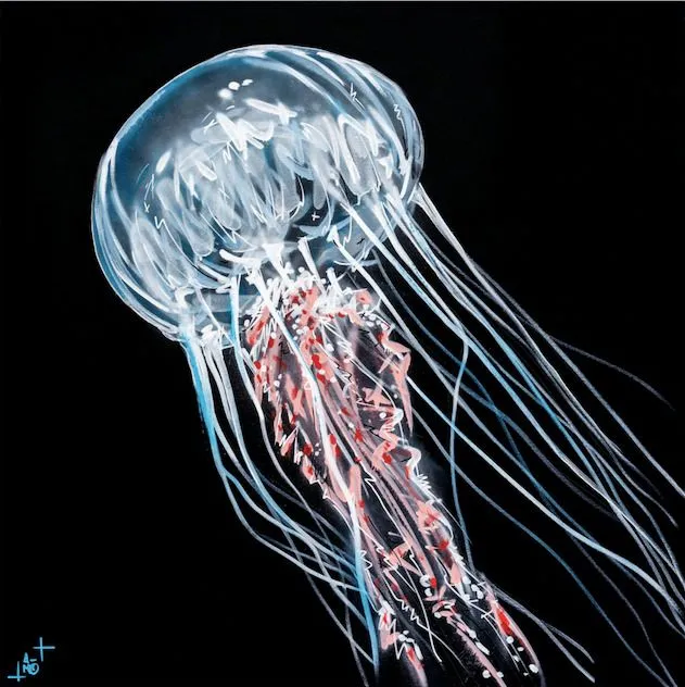 Transparent jellyfish with white bell and red and black tentacles floating on black background, street art piece at Bordeaux's Musée Mer Marine