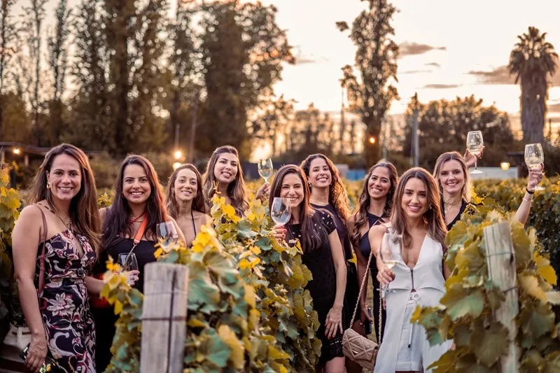 Group of smiling women raising glasses of white wine in Bordeaux vineyards at sunset, with palm trees and vine rows in the background.