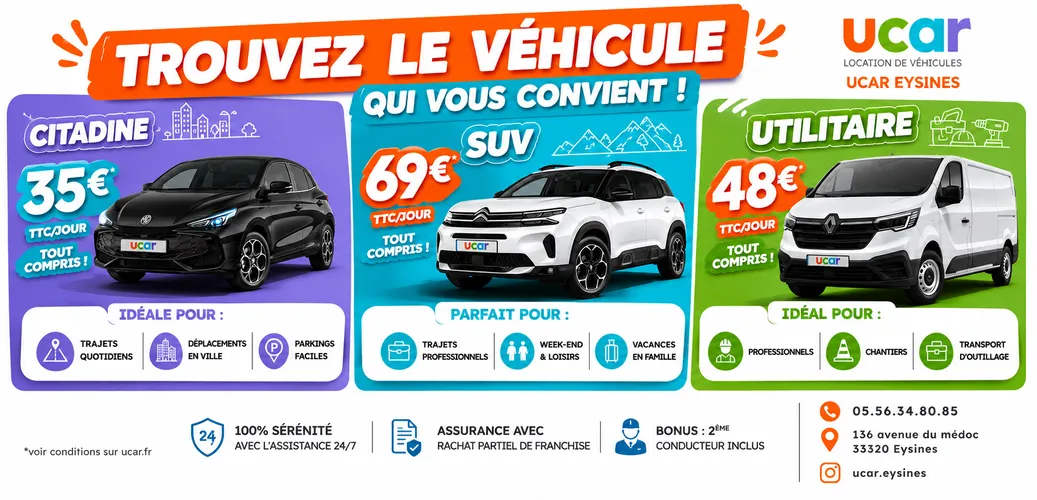 UCAR Eysines rental advertising showing three vehicle categories: city car at 35€, SUV at 69€ and van at 48€ per day, with services and conditions details.