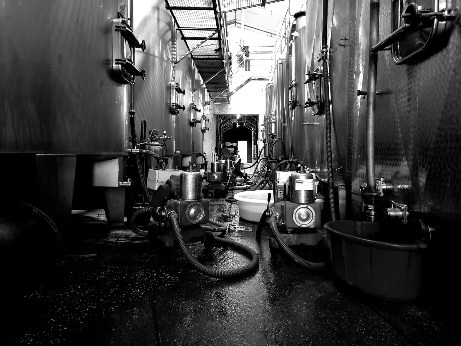 Row of stainless steel fermentation tanks in a winemaking cellar at Château Pierre de Montignac in Bordeaux, with visible piping and winemaking equipment.