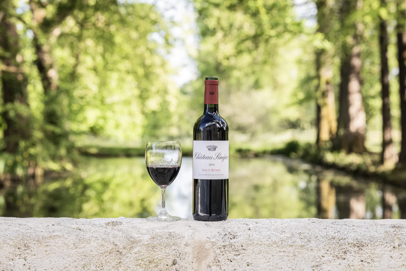 Bottle of Château Fonge red wine vintage 2016 with a filled glass on a stone surface overlooking a pine forest
