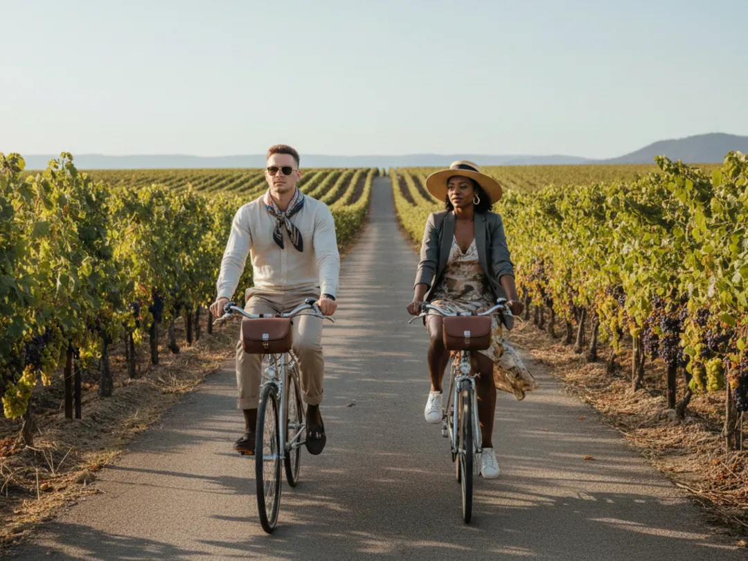 Two cyclists riding bicycles on a road lined with vineyard rows in the Bordeaux wine region on a sunny day.