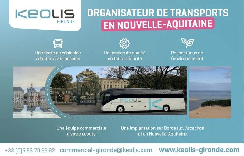 Presentation of Keolis Gironde, transport operator in New Aquitaine, featuring a white and blue coach, images of Bordeaux and the coastline, and three service pillars: adapted fleet, quality and safety, environmental respect.
