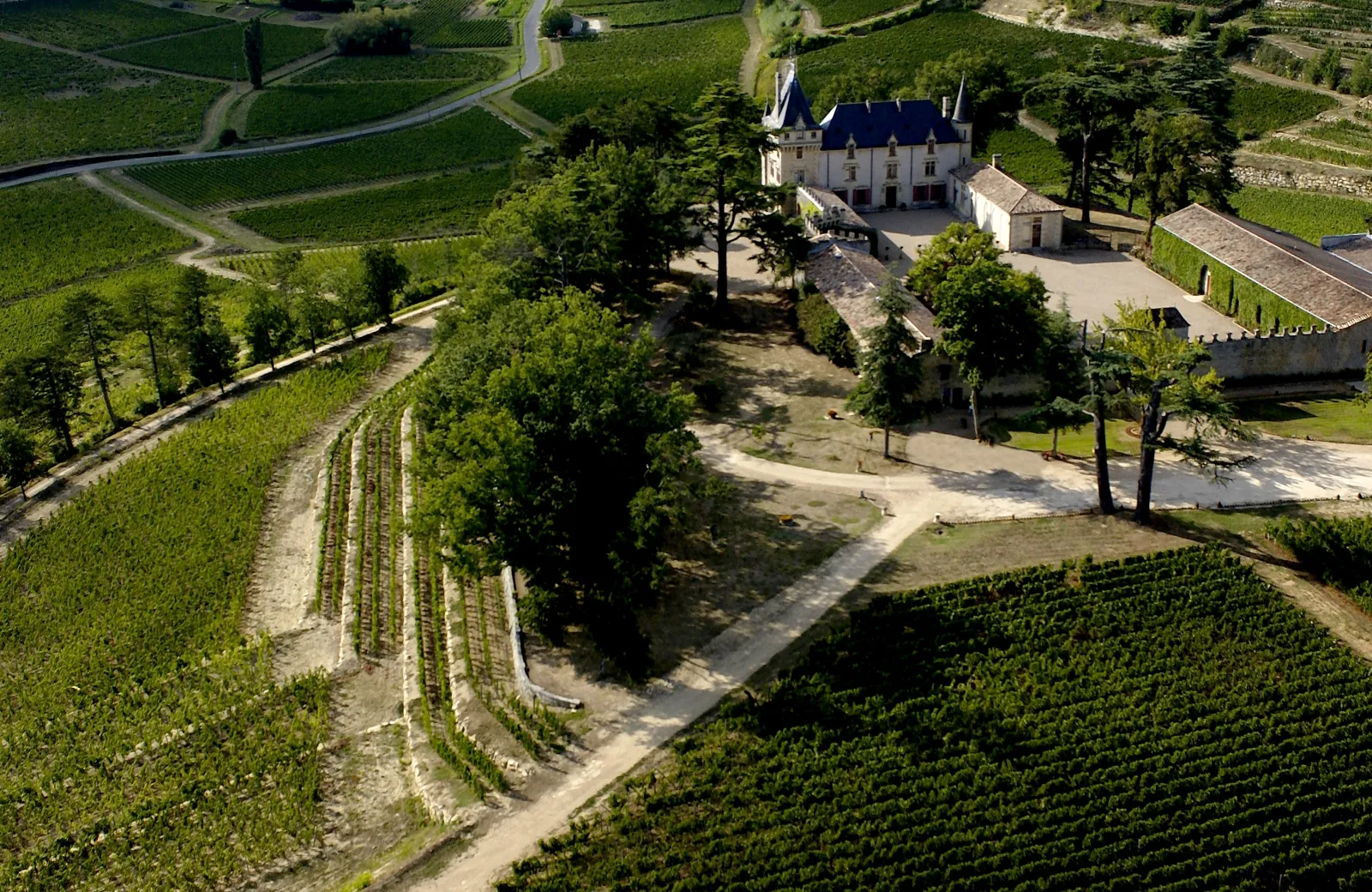 Aerial view of Château de Pressac surrounded by vineyards in the Bordeaux wine region, featuring the main building with blue slate roofs and estate outbuildings.