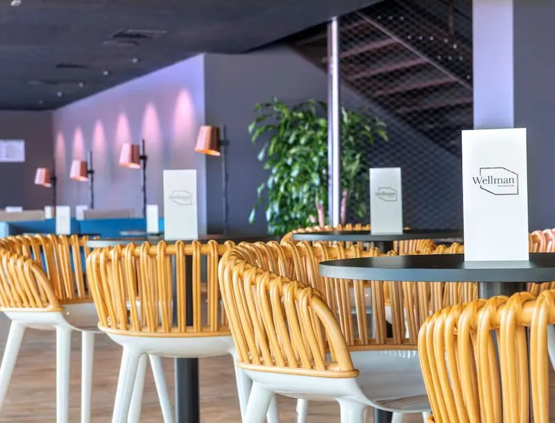 Interior of Wellman Restaurant in Bordeaux featuring natural rattan chairs, modern pink lighting, and indoor plants