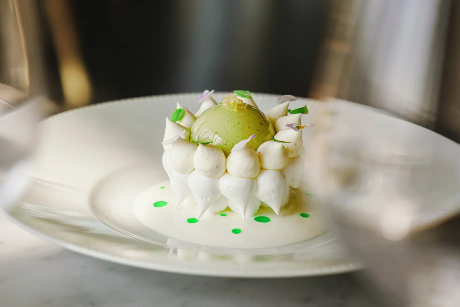 Gourmet dish from Le 7 restaurant at La Cité du Vin in Bordeaux: a green pearl surrounded by white foam and microgreens on a white sauce base.