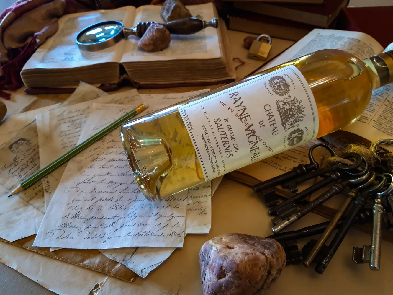 A bottle of Château de Rayne Vigneau Bordeaux wine surrounded by vintage handwritten letters, antique keys, a magnifying glass, an open book, and historic objects on a table