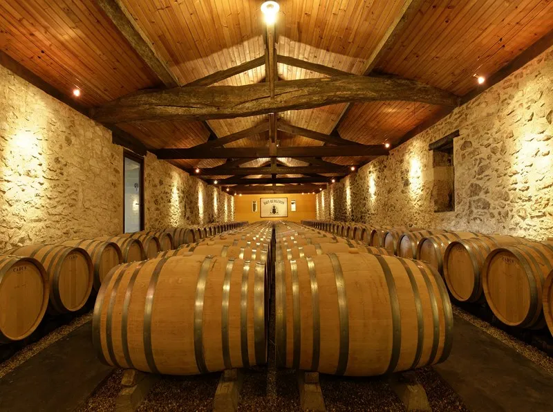 Aging cellar with rows of wooden barrels symmetrically arranged in a stone-vaulted gallery with exposed beam ceiling and warm lighting at Château Haut-Bergeron in Bordeaux.