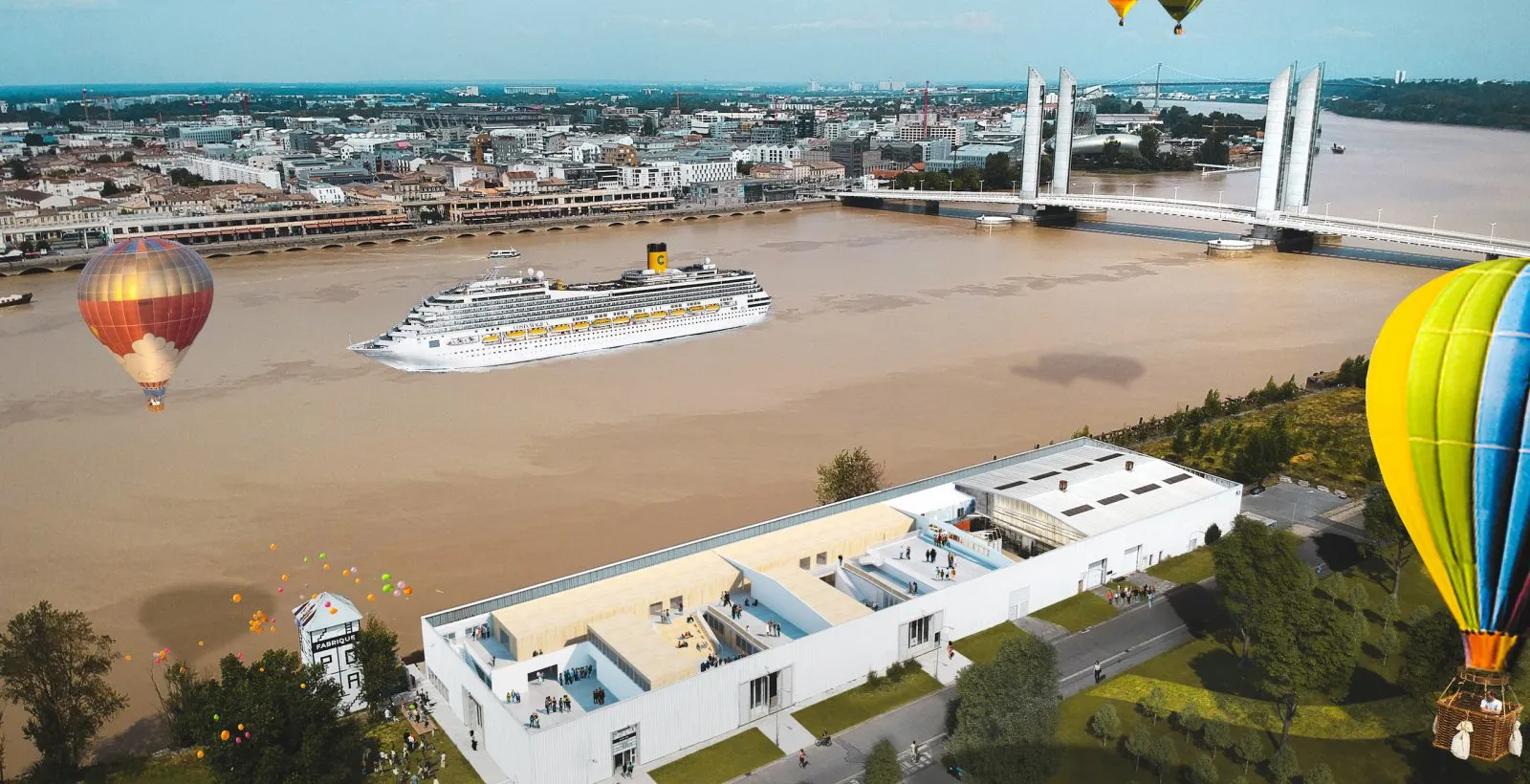 Aerial view of Bordeaux showing the Garonne River with a cruise ship, colorful hot air balloons flying over La Fabrique Pola, a modern white waterfront building, the Chaban-Delmas Bridge in the background, and the city skyline.