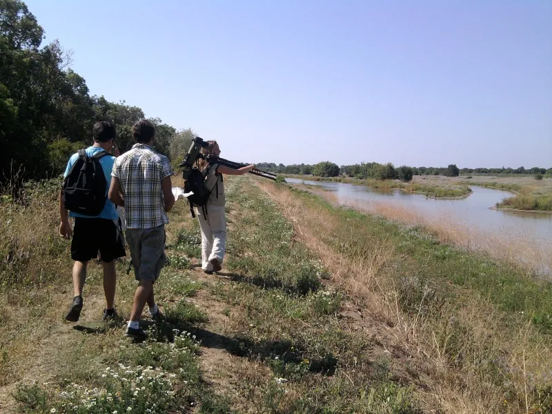 Three people walk along a path beside a wetland area with reeds and water in a green natural landscape at Bordeaux, Île Nouvelle.