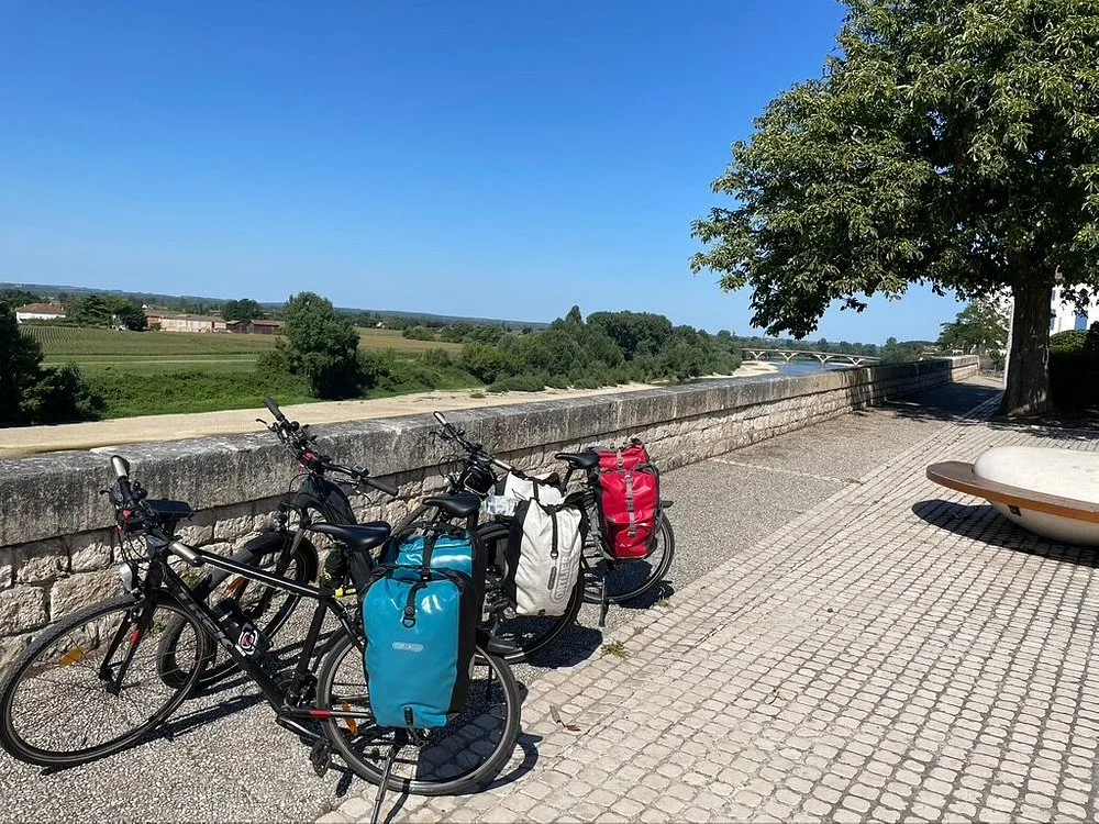 Three touring bicycles with blue and red panniers parked on a paved terrace beside a stone wall, overlooking vineyards and the Bordeaux countryside.