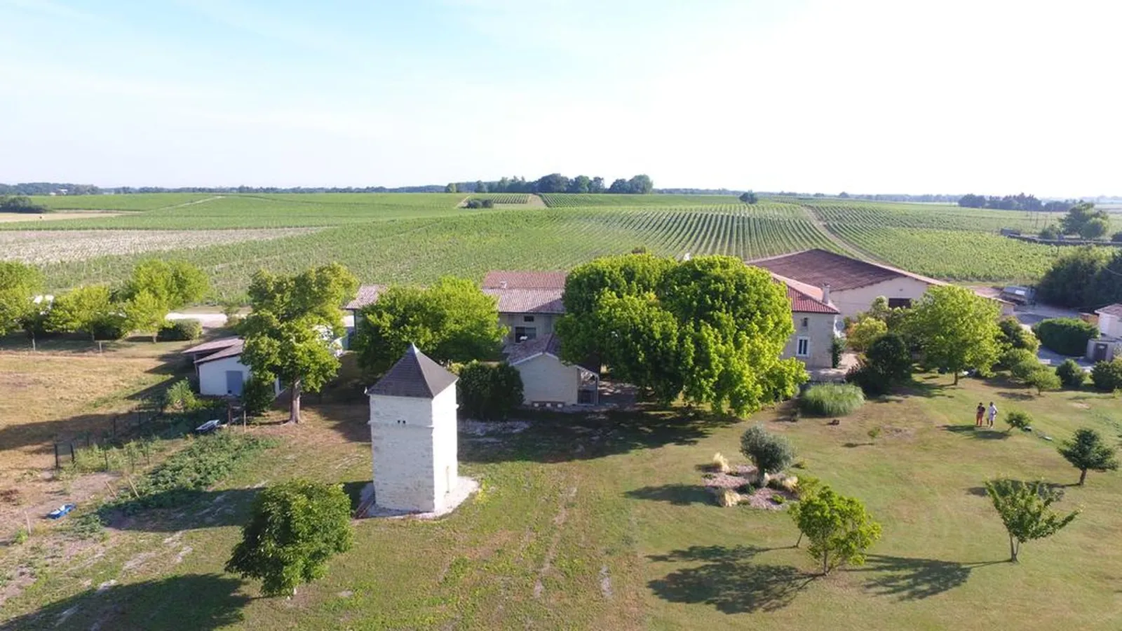 Aerial view of Château Pierre de Montignac near Bordeaux, featuring traditional buildings, a white tower, mature trees, and surrounding vineyards