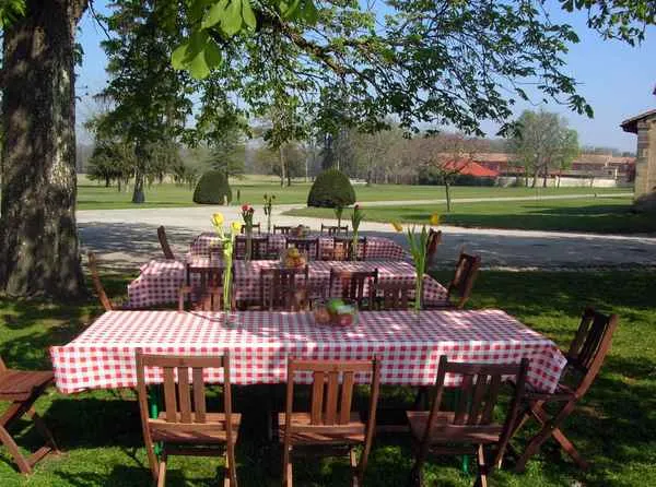 Tables set with red and white checkered tablecloths in the gardens of Château Giscours near Bordeaux, surrounded by century-old trees and wooden chairs.