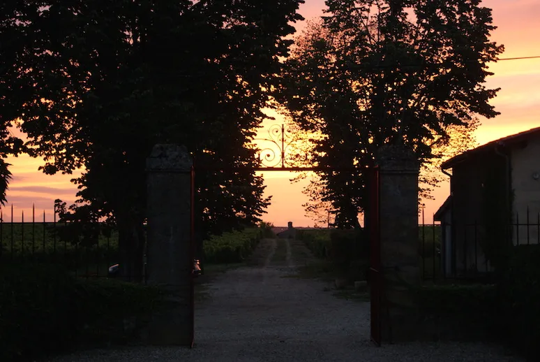 Entrance gate of Château Sigalas Rabaud in Bordeaux at sunset, with two stone pillars framing a tree-lined driveway.