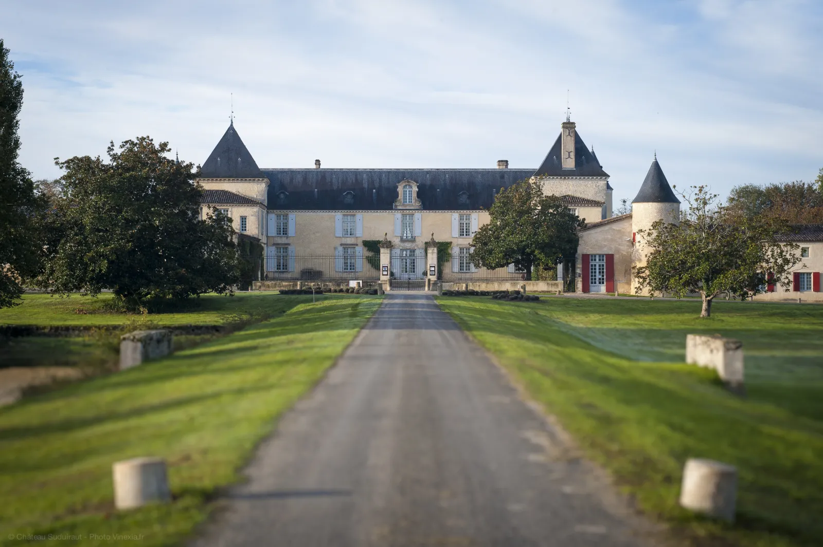 Front view of Château Suduiraut, a classical Bordeaux château with pointed towers and slate roof, approached by a straight tree-lined driveway through manicured lawns.