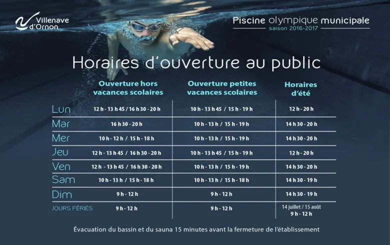 Opening hours for the public at the Villenave d'Ornon Olympic municipal swimming pool for the 2016-2017 season, with time slots according to weekdays and school periods