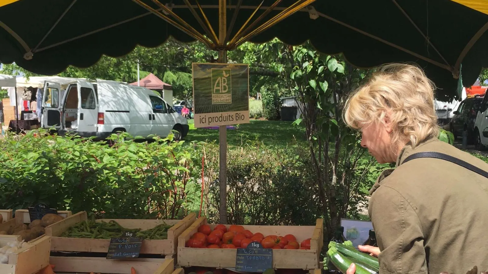 Customer selecting green cucumbers at an organic produce stand at Eysines market near Bordeaux. Red tomatoes and fresh vegetables are displayed under a black tent with a sign reading 'ici produits Bio'. A white producer van is visible in the background.