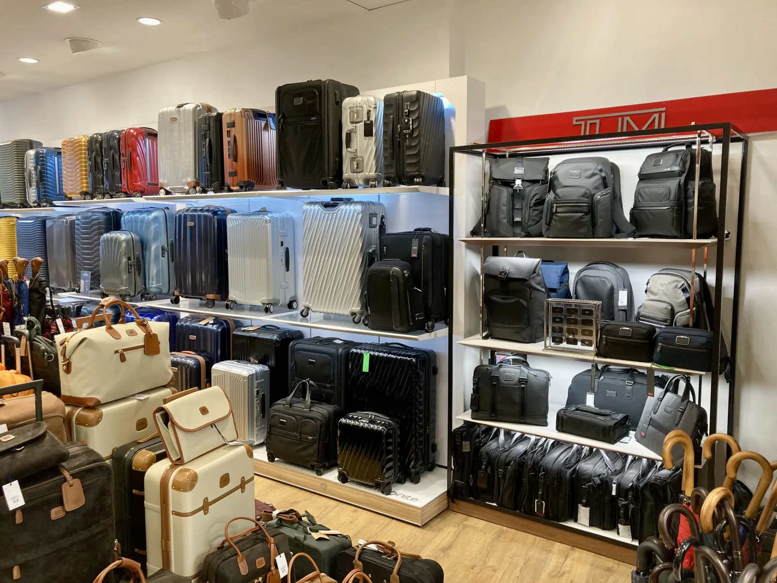 Massip leather goods store in Bordeaux displaying a wide range of suitcases, backpacks, and travel accessories on shelves and display stands.