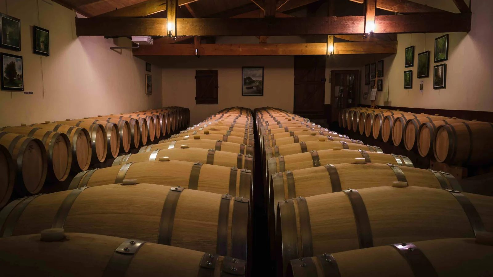 Aging cellar at Château Champion in Bordeaux featuring numerous oak barrels arranged in rows beneath exposed wooden beams, illuminated by spotlights.