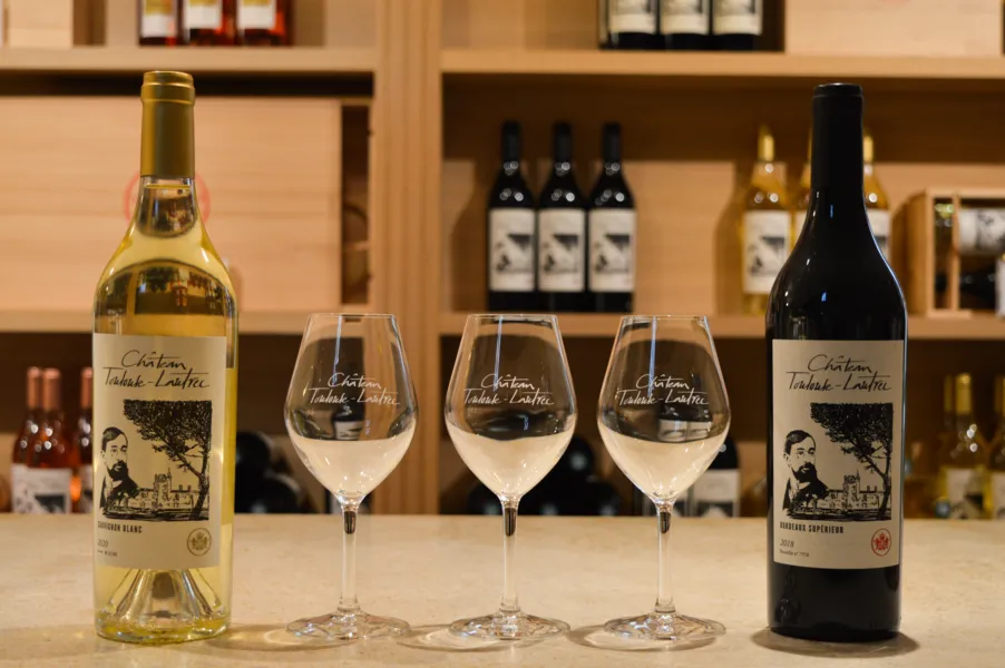 Wine tasting from Château Toulouse-Lautrec in Bordeaux featuring two bottles (white and red) with three filled glasses on a counter, wine cellar shelves in the background