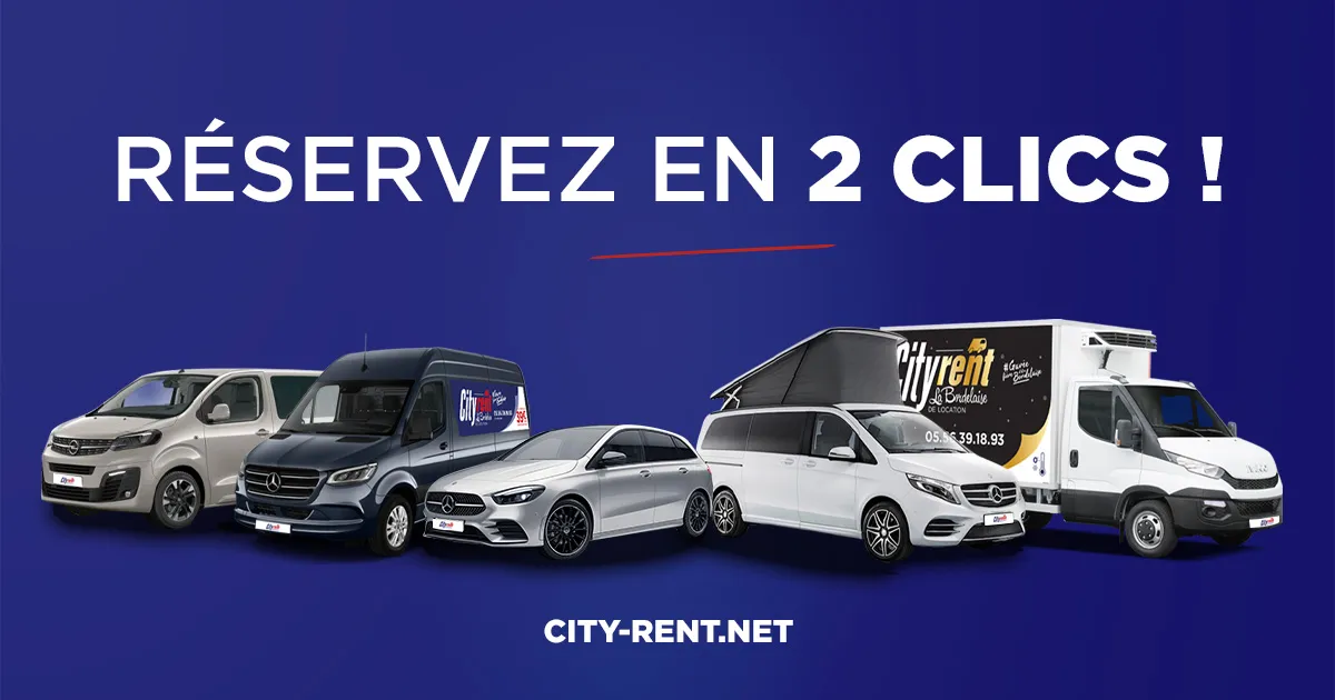 City Rent Bordeaux vehicle rental fleet featuring a minivan, sedan, station wagon, and camper van with the tagline 'Book in 2 clicks' and website city-rent.net