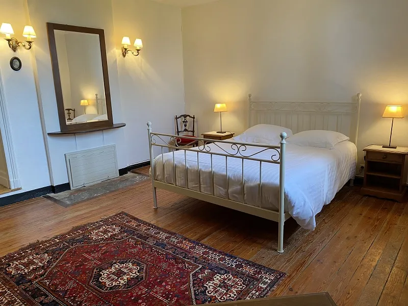 Elegant bedroom at Château La Gontrie in Bordeaux featuring a wrought iron bed, framed mirror, classic furniture and Persian rug on wooden floor.
