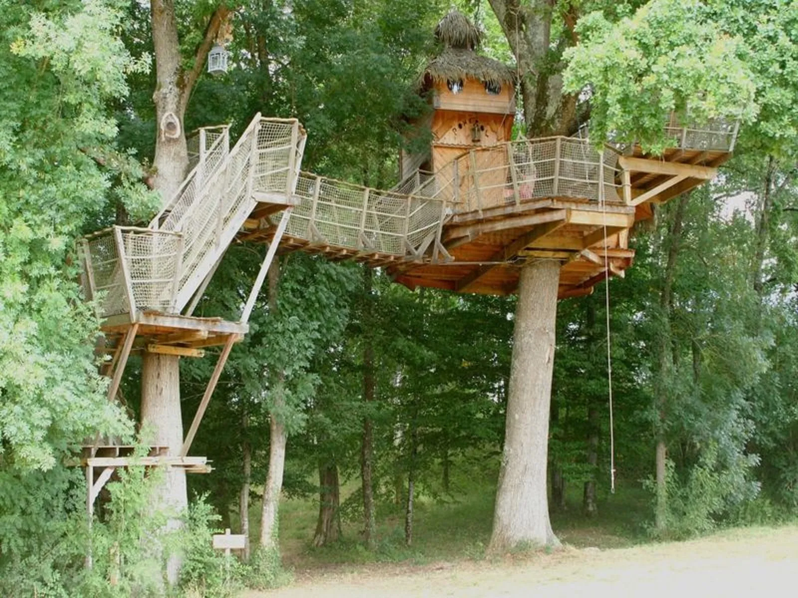 Elevated treehouse with metal walkways and stairs nestled among lush green foliage at Les Cabanes de la Romaningue in Bordeaux