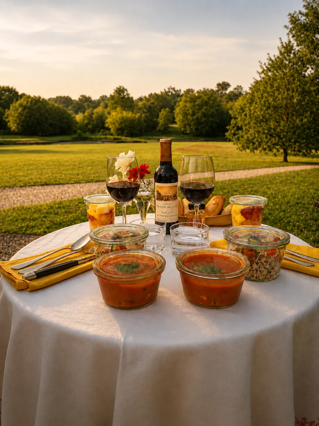 Outdoor dining table with white tablecloth displaying a red wine bottle, filled wine glasses, tomato-based dishes, fresh fruits, red flowers, overlooking a lush green parkland.