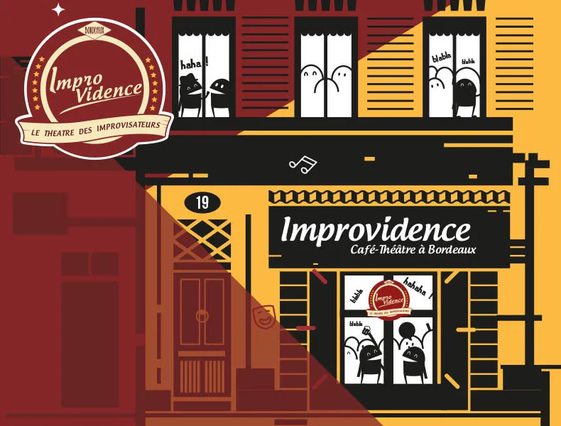 Colorful storefront of the Improvidence café-theater in Bordeaux, featuring a red circular logo and illustrated windows with stylized characters