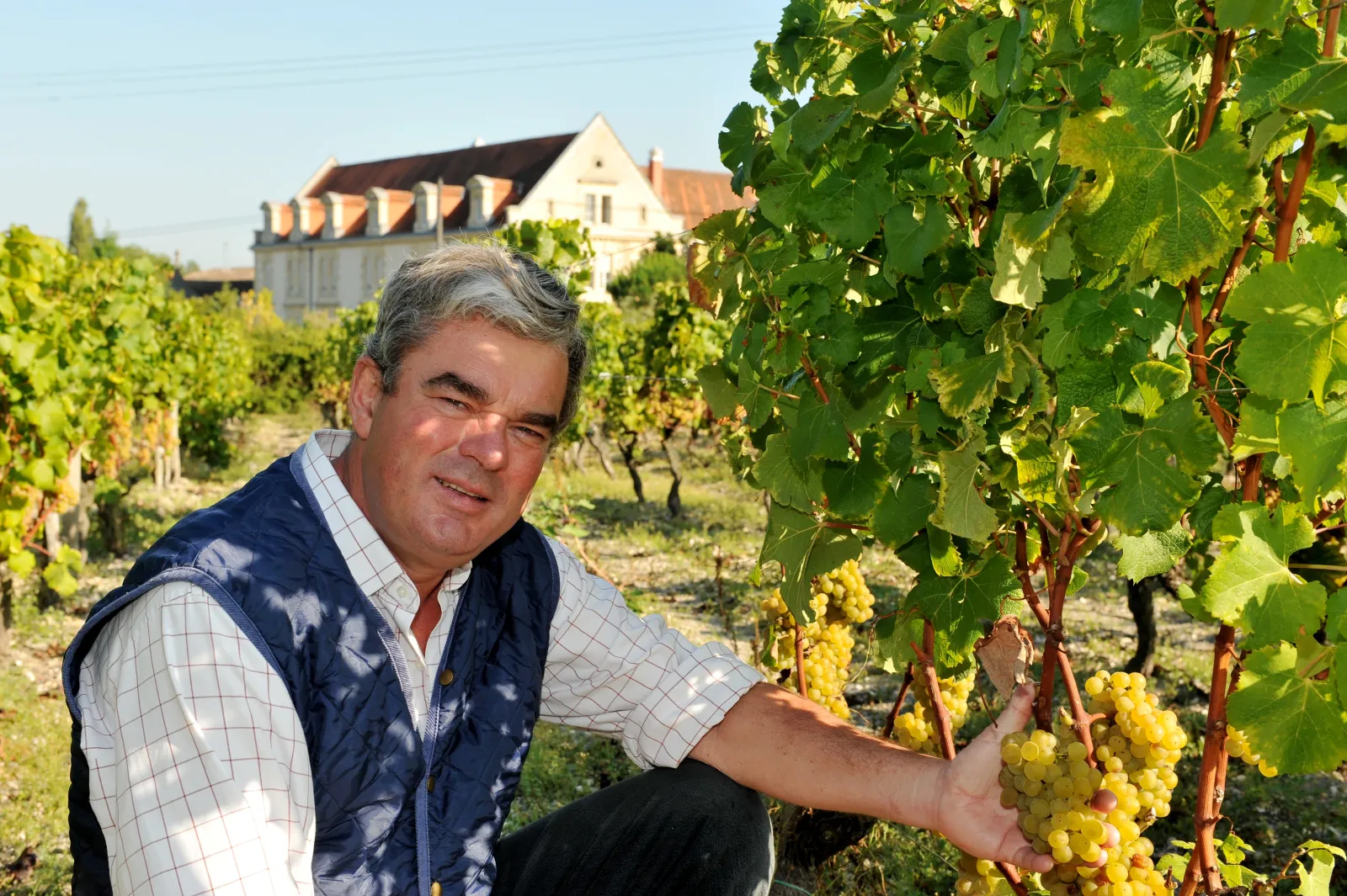 Smiling vintner displaying white grape clusters in the vineyards of Domaine de la Solitude near Bordeaux, with the estate building visible in the background