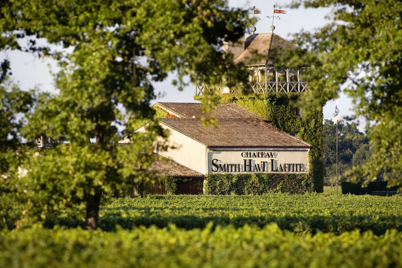 Château Smith Haut Lafitte in Bordeaux, viewed through vineyards with its main building and distinctive tower with weathervanes
