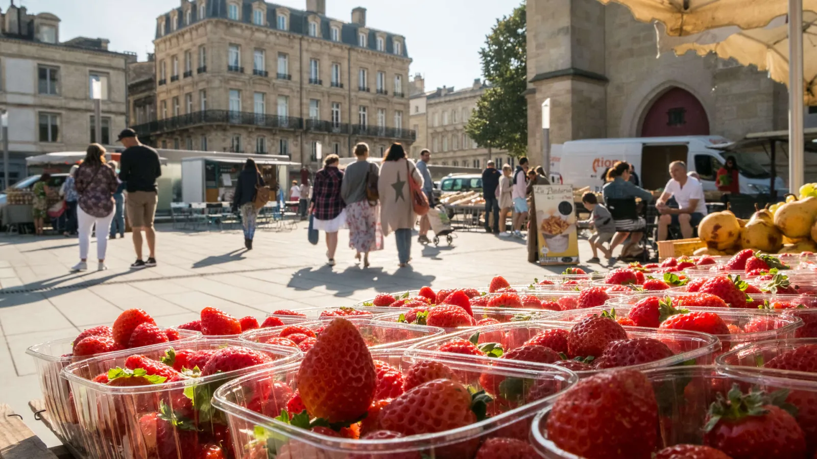 Pey Berland Market in Bordeaux featuring fresh strawberries in clear containers displayed in the foreground, market stalls with produce, and visitors browsing on a paved square surrounded by Haussmann-style buildings.