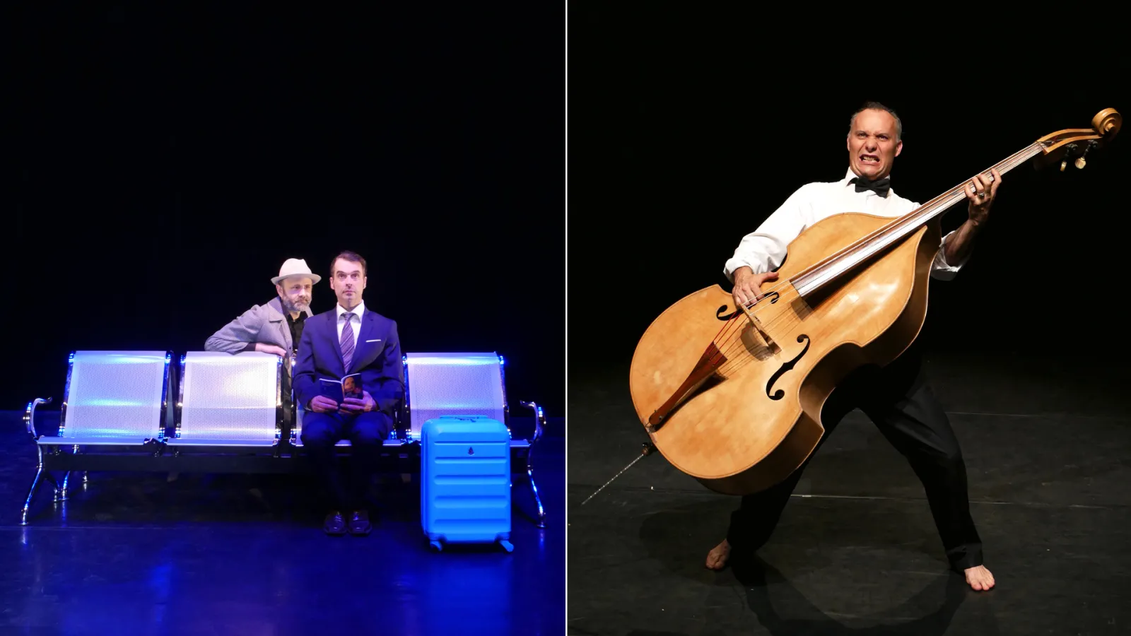 Two theatrical scenes at the Pont Tournant Theater in Bordeaux: on the left, two costumed actors sitting on illuminated blue chairs with luggage; on the right, a musician playing cello in formal attire.