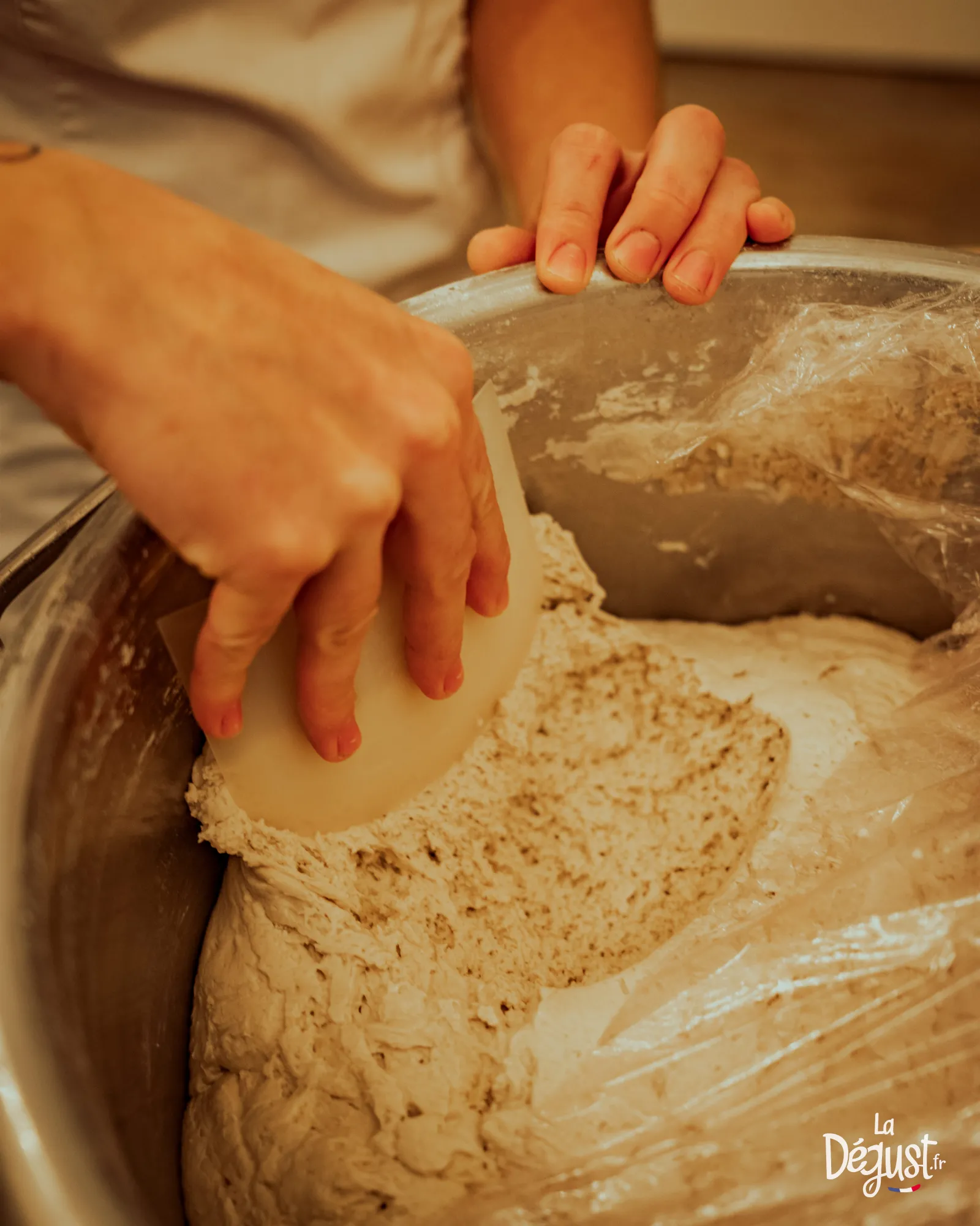 Child's hands kneading whole grain bread dough in a bowl during a baking workshop.