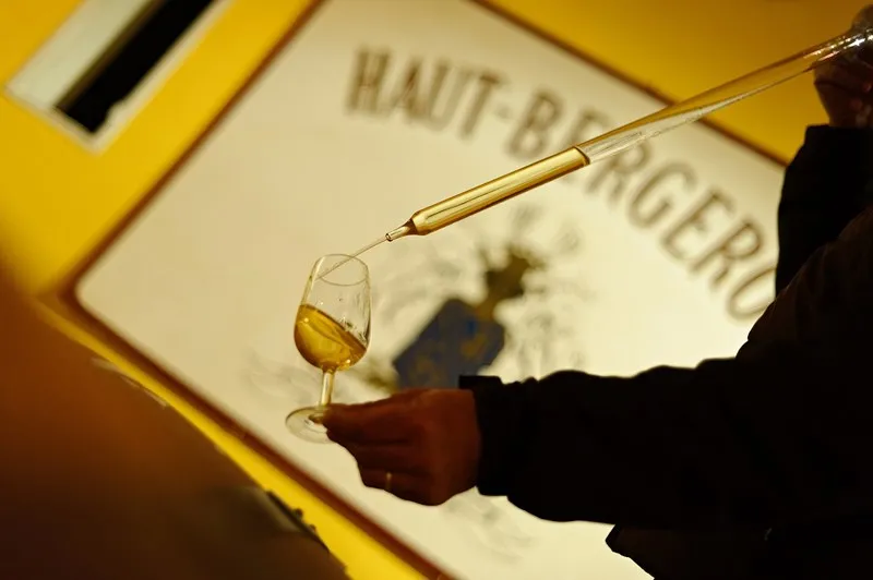 Wine taster pouring white wine into a glass in front of a Château Haut-Bergeron document in Bordeaux