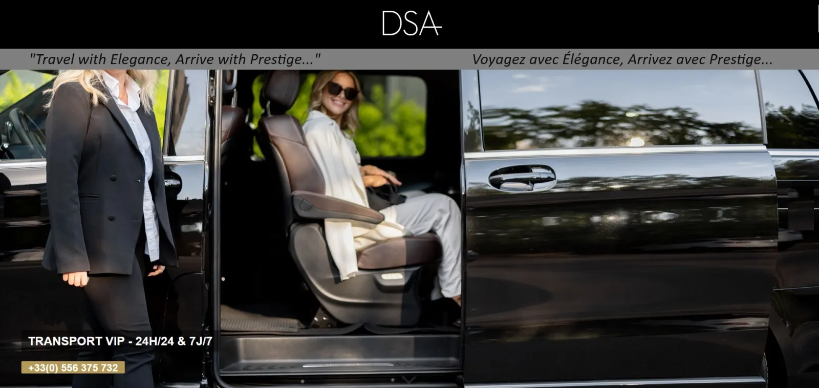 24/7 VIP transportation service in Bordeaux. Images showing a professional woman near a luxury black sedan, a passenger comfortably seated inside, and the vehicle in motion. Contact: +33(0) 556 375 732.