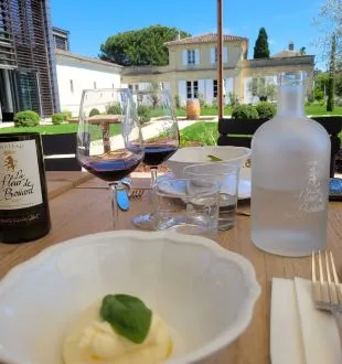 Tasting table with a glass of red wine, a plate of mashed potatoes garnished with basil leaf, a water carafe, glasses and wine bottles, on a terrace overlooking the historic buildings of Chais de la Fleur in Bordeaux.