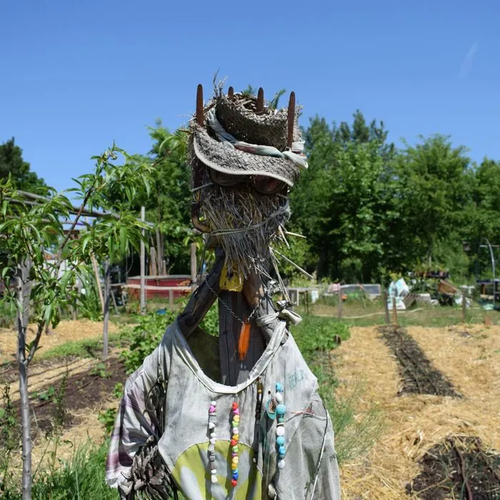 Artistic scarecrow dressed in a white shirt and colorful beads, with a straw head crowned with branches, standing in a community garden in Bordeaux.
