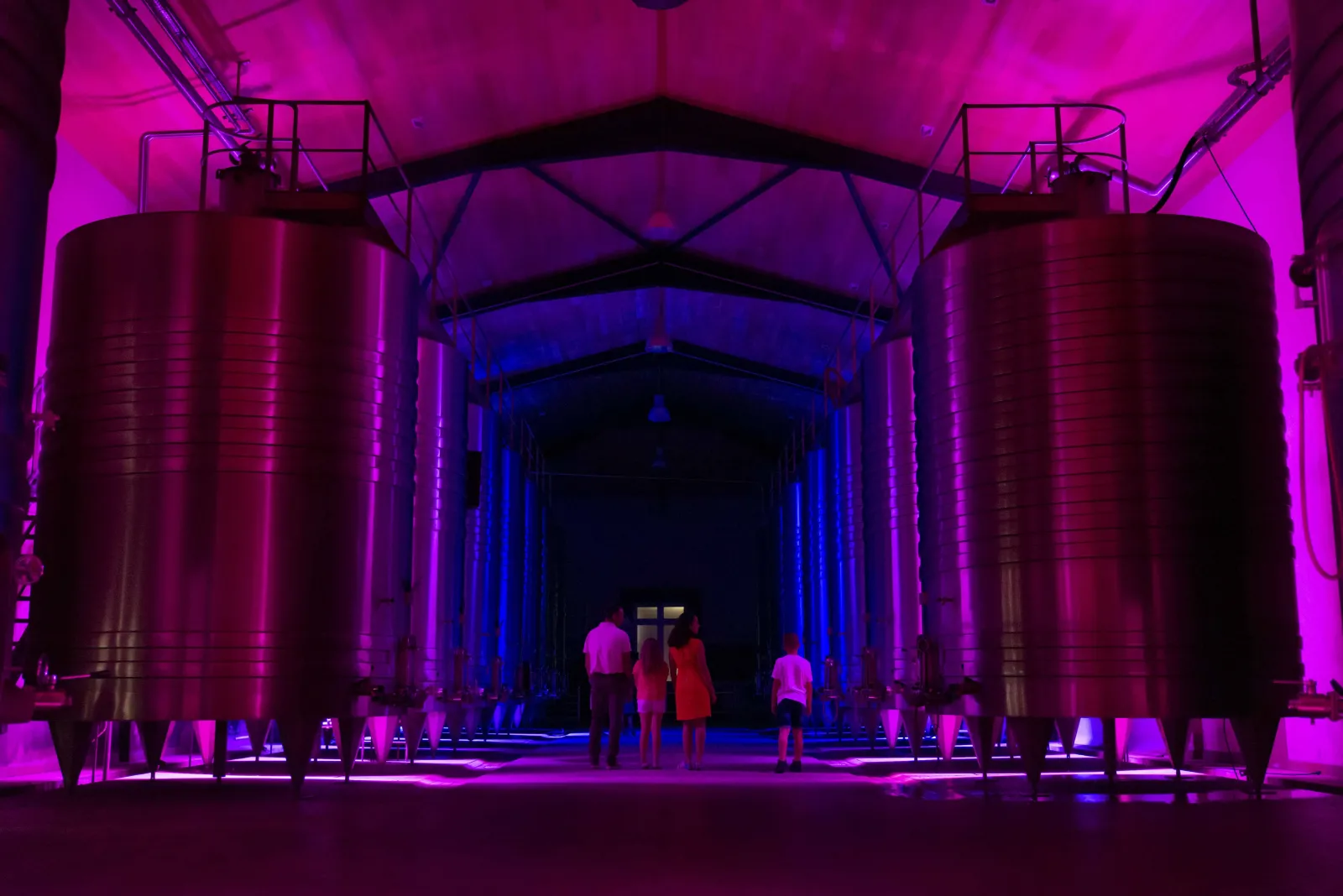 Artistic lighting installation at Château Lamothe Bergeron in Bordeaux, featuring two massive fermentation tanks illuminated in magenta and blue neon, with visitors exploring an underground gallery with colorful neon lighting.