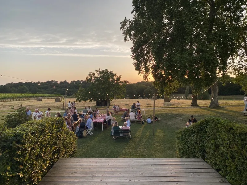 Outdoor reception at sunset at Château Le Grand Verdus in Bordeaux, with guests seated around tables in a tree-lined park