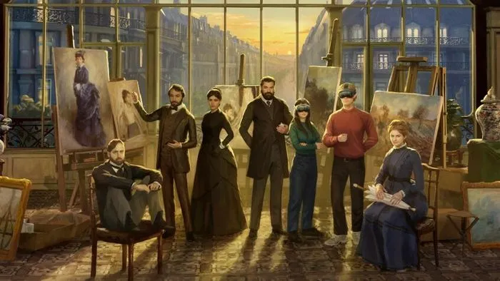 Impressionist studio scene in Bordeaux featuring a group of 19th-century figures gathered around paintings and easels in golden light, with city views through large windows.