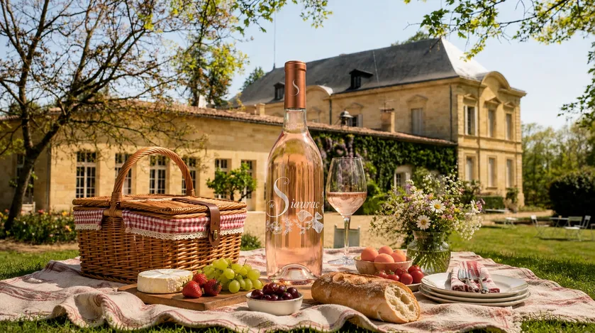 Elegant picnic in front of Château Siaurac near Bordeaux featuring a rosé wine bottle, glass, cheese, fruits and bread on a checkered cloth