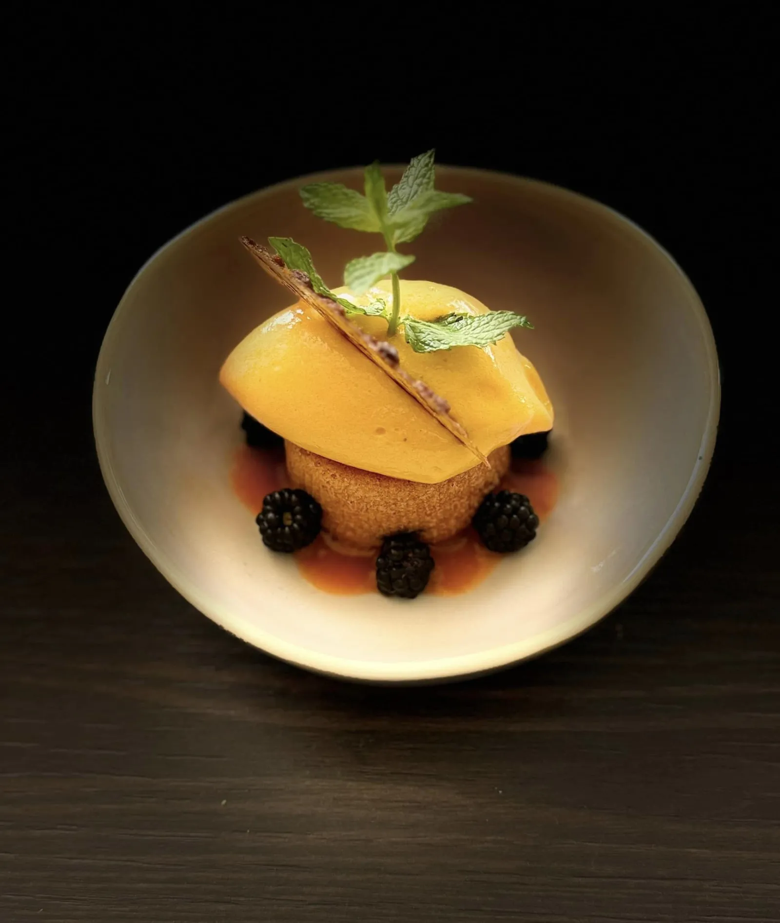 Fine dining plate featuring a chocolate cake topped with yellow mousse, red berries and fresh mint leaves, on a sauce bed, served at Magnus la table in Bordeaux