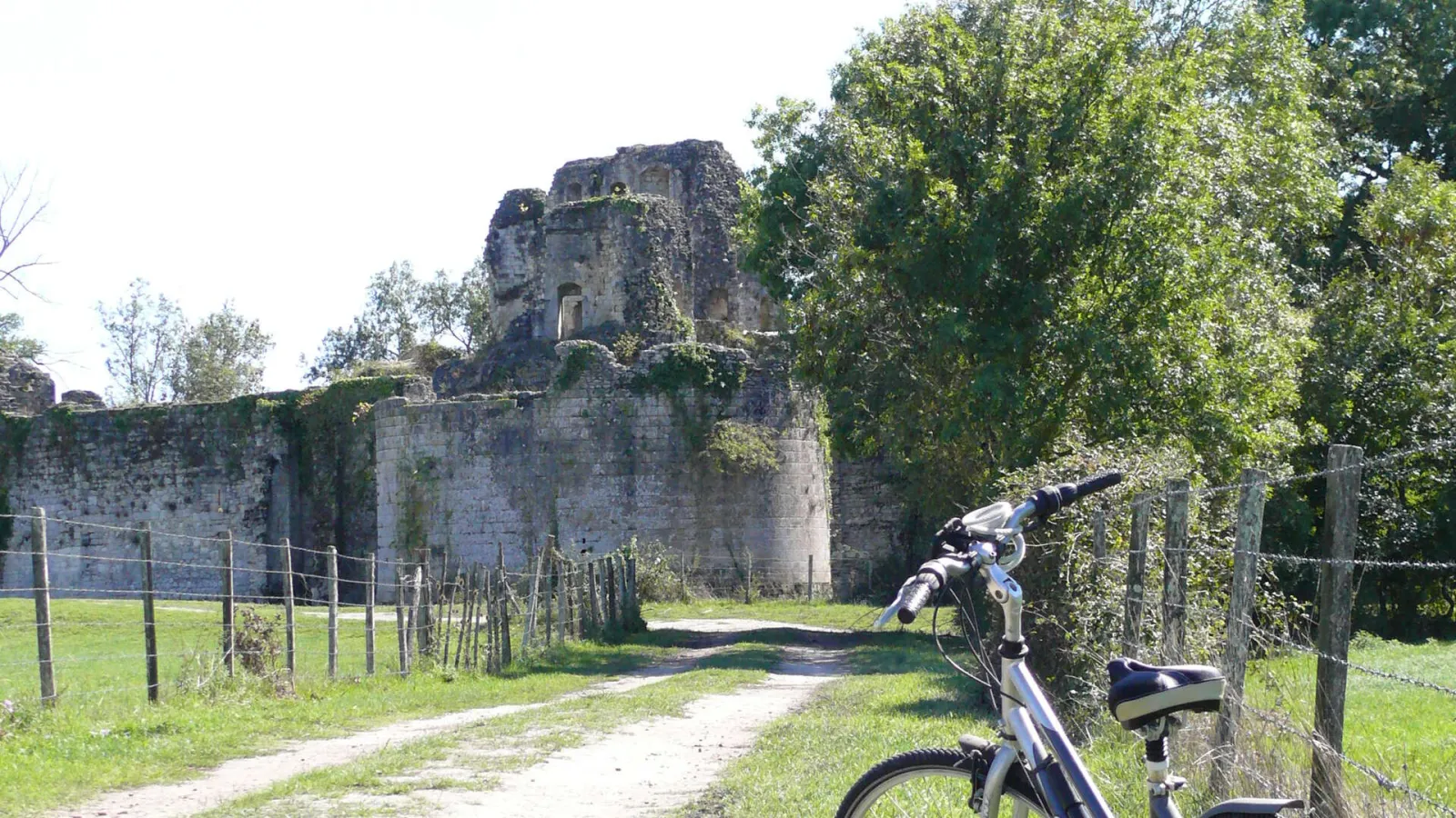 A blue and white road bike parked on a dirt path in front of the medieval ruins of Blanquefort fortress, featuring stone towers and walls surrounded by vegetation and wooden fencing.
