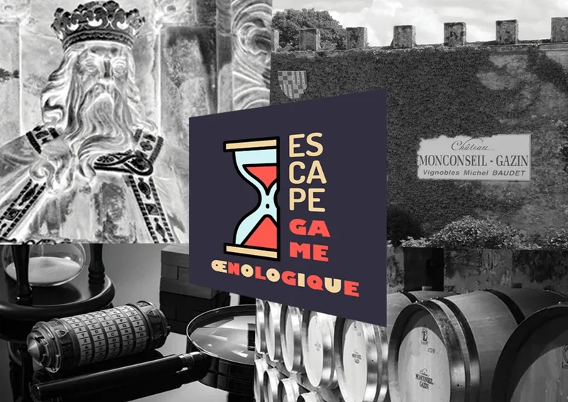 Oenological escape game poster in Bordeaux featuring Charlemagne's treasure, displaying a king's portrait, hourglass, wine barrels, and Monconseil-Gazin castle backdrop.