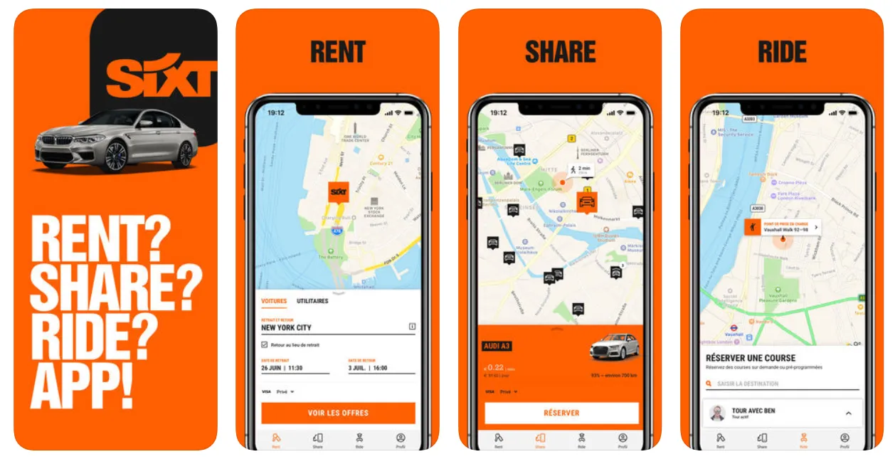SIXT Ride app showcasing car rental, ride sharing, and ride booking services in Bordeaux with map interface and reservation options