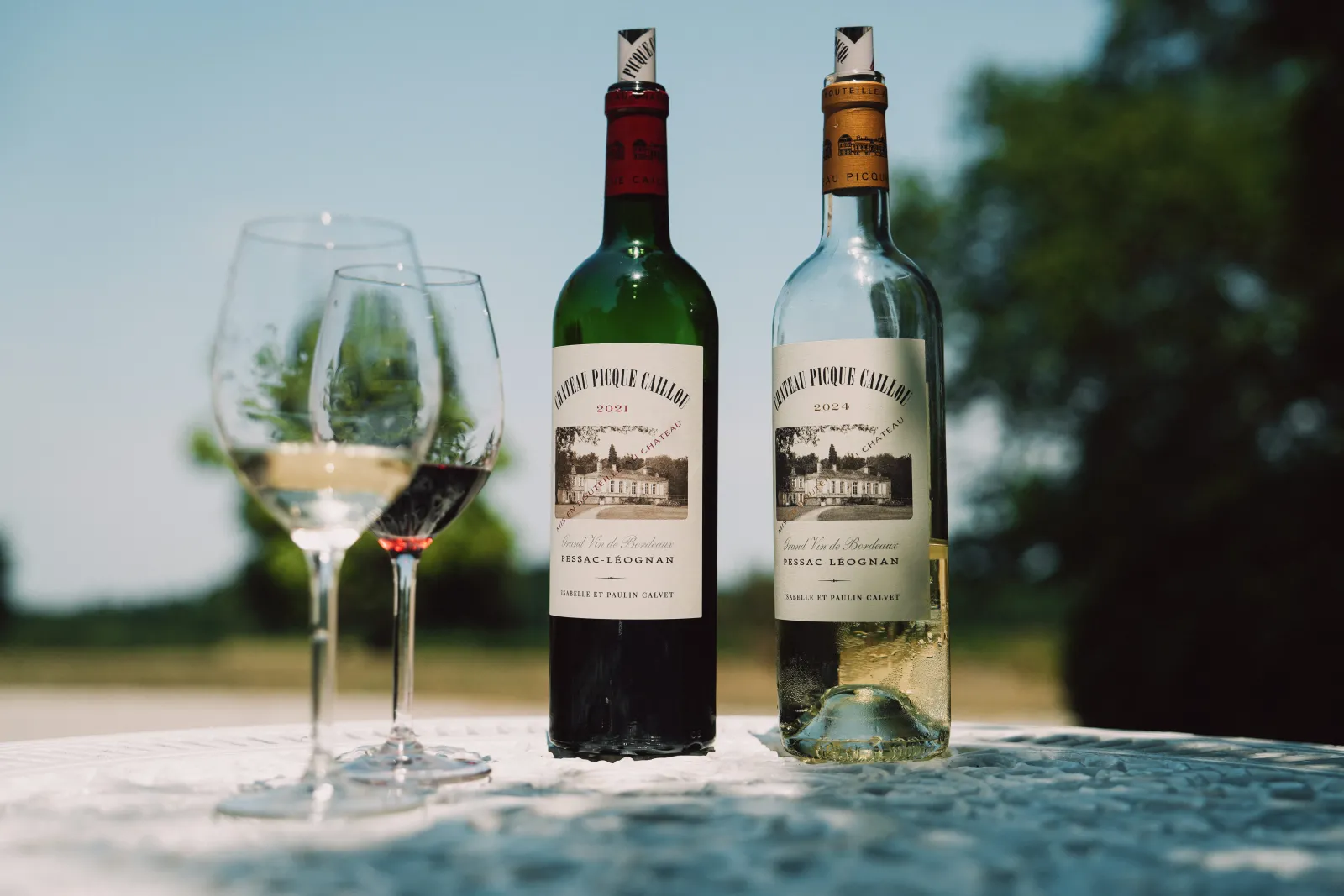 Two bottles of Château Picque Caillou 2021 wine from Pessac-Léognan, one red and one white, with tasting glasses in a sunny Bordeaux setting