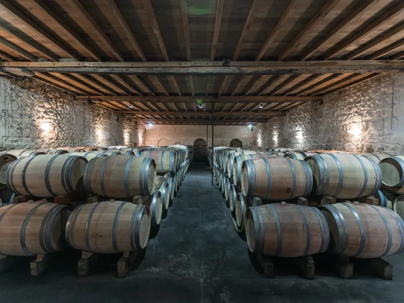 Wine aging cellar with wooden oak barrels stacked in rows inside a stone winery building with ambient lighting